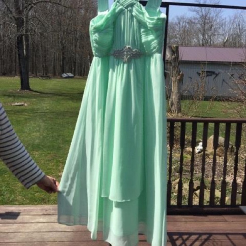 Mint green beaded hi lo formal